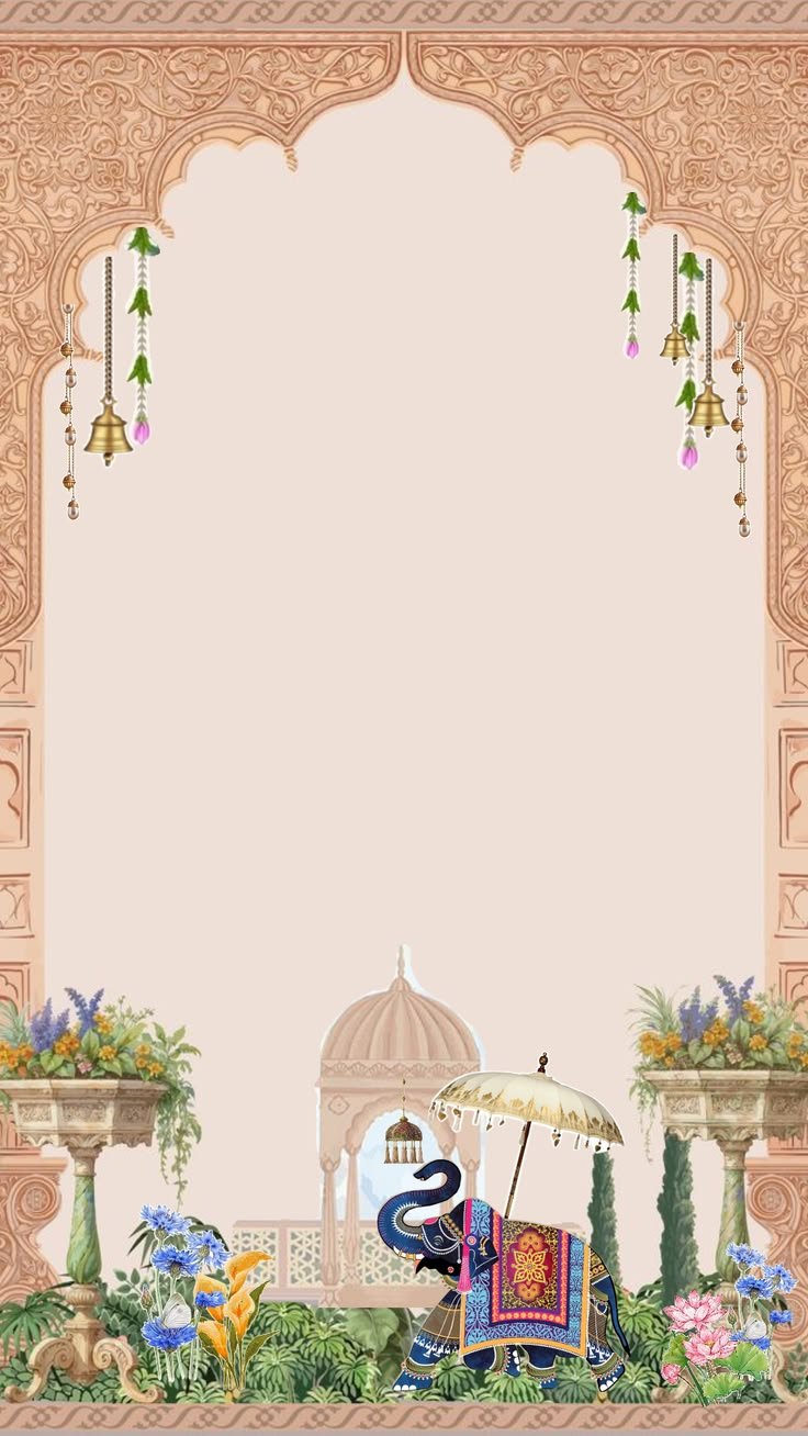 Carved palace arch with a decorated elephant beneath a royal parasol